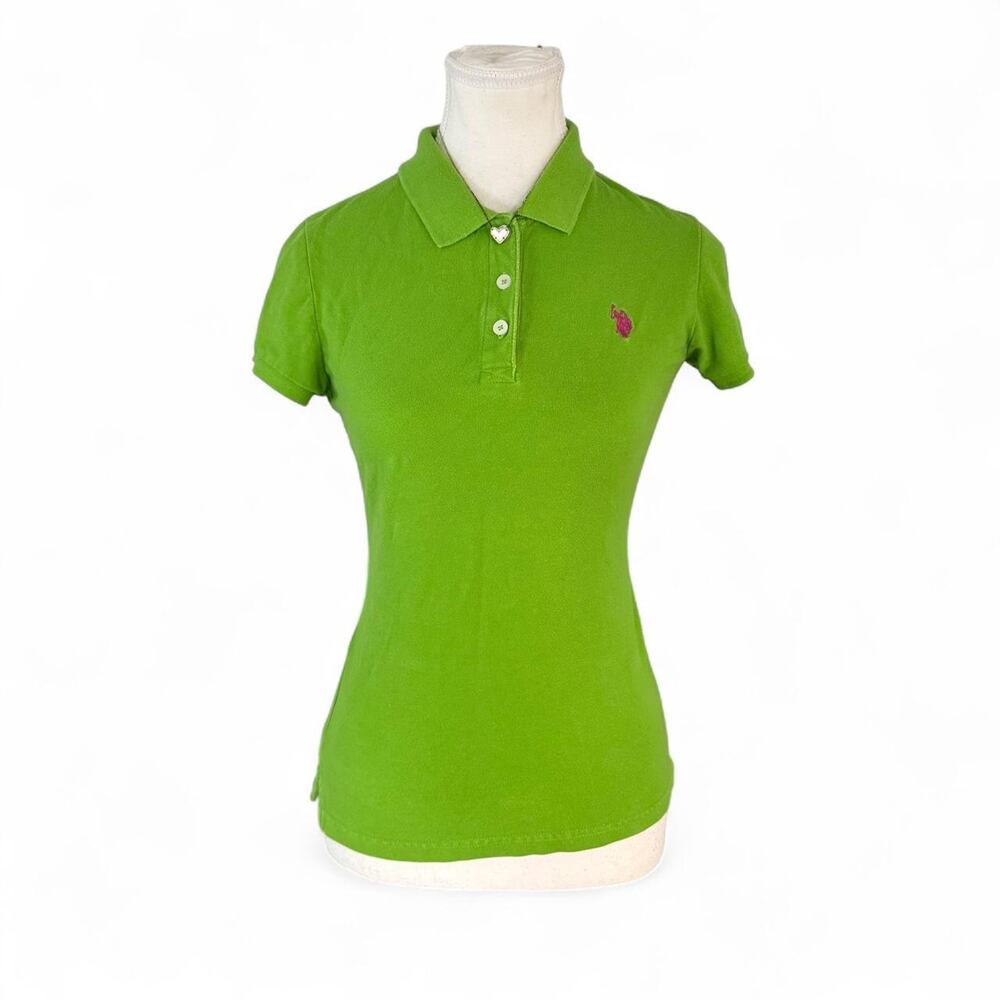 Y2K U.S. Polo Green Cotton Polo Shirt with pink embroidered office siren Size M